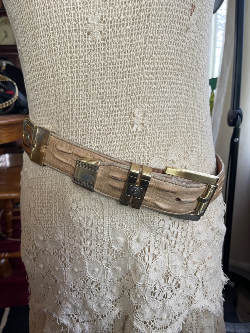 Holister Y2K Croc Embossed Leather Waist Belt Gold Hardware Statement | Size 36